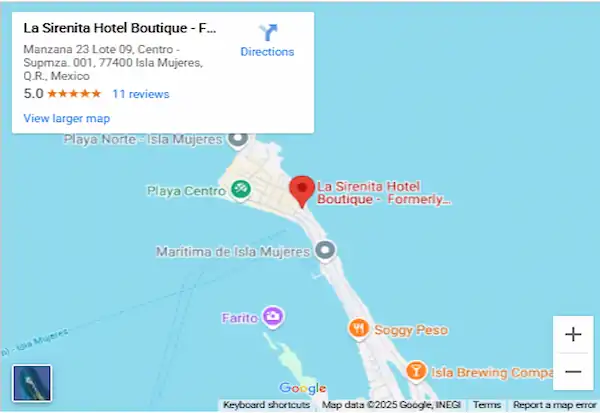 Mapa y Ubicación de La Sirenita Hotel Boutique Isla Mujeres México